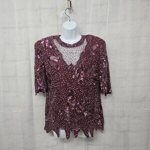 Vintage Creative Touch Blouse Plum Beaded Sequin Shark Bite Silk Glam Formal M